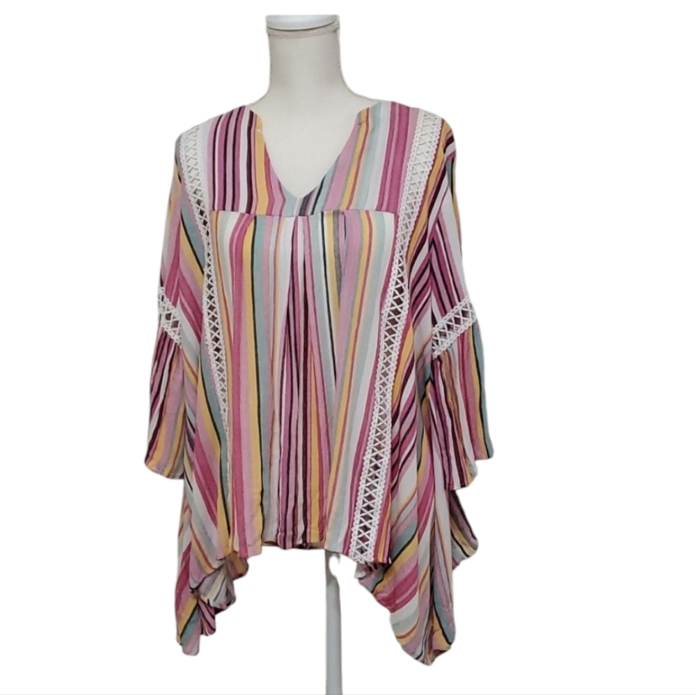 And The Why Rainbow Striped Hippie Crochet Boho Tunic, Size Small